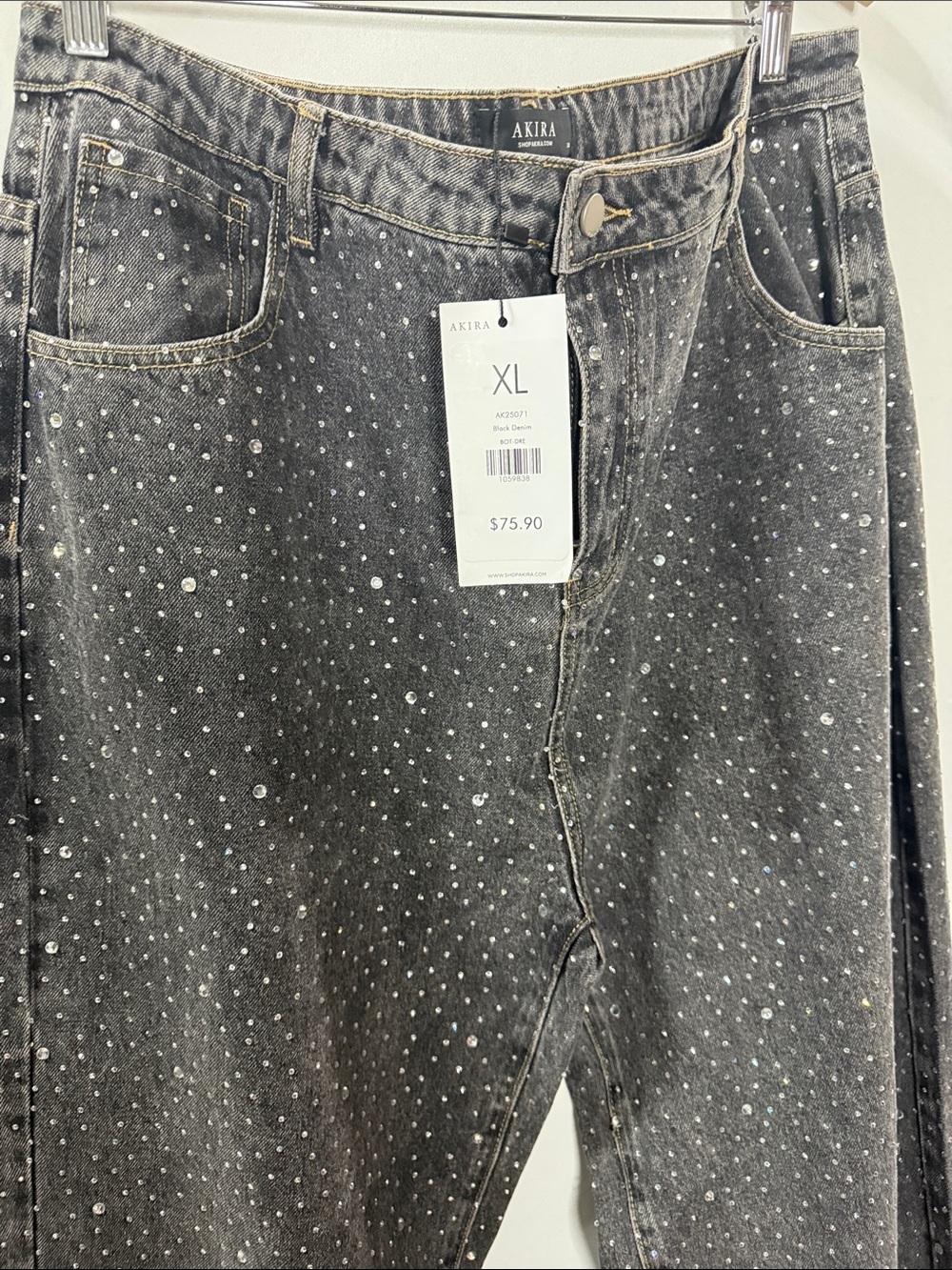 🔥🔥AKIRA Black Wide-Leg Jeans with All-Over Silver Rhinestones - Picture 7 of 10